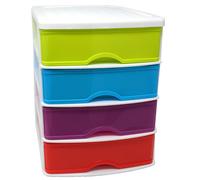 Tradineur - Cajonera de sobremesa de plástico blanco, 4 cajones multicolor, 35 x 27 x 35,5 cm, torre almacenaje multiusos, organizador auxiliar, almacenamiento escritorio, armario, baño, oficina Multi