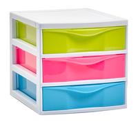 Tradineur - Cajonera de sobremesa Guadiana con 3 cajones de colores, torre de almacenaje, armario, baño, oficina, fabricada en España (Blancolor, Cajones Color Aleatorio, 17,5 x 18 x 21,5 cm) Multicol