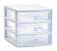 Tradineur - Cajonera guadiana de sobremesa, 3 cajones transparentes, torre de almacenaje, armario, baño, oficina, fabricada en España (Blanco, 17,5 x 18 x 21,5 cm - Modelo aleatorio) White