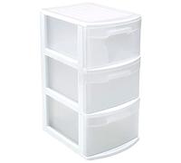 Tradineur - Cajonera támesis de plástico blanco, 3 cajones transparentes, 58,5 x 28,5 x 39 cm, torre de almacenaje y organización multiusos, oficina, hogar