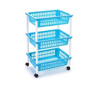 Tradineur - Carro verdulero azul claro modelo PLFT con ruedas 3 cestas 40 x 30 x 61,5 cm. Carrito portaobjetos estantes multiusos para organizar los espacios domésticos
