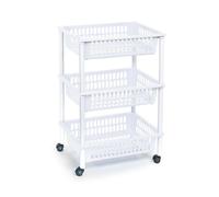 Tradineur - Carro verdulero blanco modelo PLFT con ruedas 3 cestas 40 x 30 x 61,5 cm . Carrito portaobjetos estantes multiusos para organizar los espacios domésticos