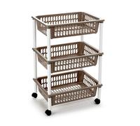 Tradineur - Carro verdulero marron topo modelo PLFT con ruedas 3 cestas 40 x 30 x 61,5 cm . Carrito portaobjetos estantes multiusos para organizar los espacios domésticos