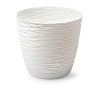 Tradineur - Maceta redonda con plato - Diseño Wind (Ø 19 cm) - Fabricado en plástico - Ideal para jardín exterior, terraza o balcón - Color Blanco Roto