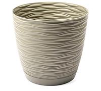 Tradineur - Maceta redonda con plato - Diseño Wind (Ø 19 cm) - Fabricado en plástico - Ideal para jardín exterior, terraza o balcón - Color Beige