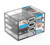 Tradineur - Mini cajonera A6 transparente, 4 cajones con divisiones, plástico, organizador de cosméticos, maquillaje, accesorios de costura, tornillos, fabricada en España - 11,2 x 17,1 x 12,4 cm Whit