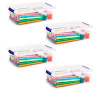Tradineur - Pack de 4 cajas de almacenaje de plástico transparente, 2 litros, minicajas de ordenación apilables con tapa 7,5 x 25,5 x 16,8 cm, cierre a presión, fabricadas en España White