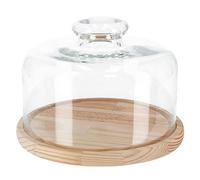 Tradineur - Quesera redonda con base de madera y tapa de cristal, recipiente para guardar quesos o embutidos, presentación de alimentos, 19,3 x 9 cm