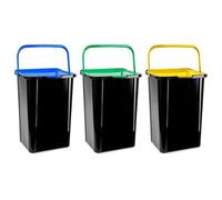 Tradineur - Set de 3 Cubos para Reciclaje con Asa - Capacidad de 45 Litros - Fabricado en Plástico - Reciclaje para Plástico, Papel y Vidrio - 53 x 39,5 x 34,5 cm