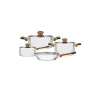 TRAMONTINA - Batería de Cocina Brava Baquelite, de Acero Inoxidable y Terminación Brillante, Juego de Cocina, con Cuerpo Triple y Tapas, Asas, Mangas y Pomos con Efecto Madera, 4 Piezas