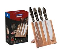 TRAMONTINA - Juego Churrasco, para Asado, en Acero Inoxidable y Mangos de Madera Polywood en Color Castaño, Cubiertos con Remaches de Aluminio, 5 Piezas, Incluye Cuchillos, Soporte y Tenedor