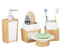 TRANKIELO® - Juego de 4 accesorios para baño - bambú y cerámica - dispensador de jabón, soporte para cepillos de dientes, color blanco natural
