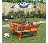 Traylux Mesa de jardín infantil con sombrilla de madera maciza de abeto, 4 personas, resistente a la intemperie, plegable, extensible, adecuada para terraza, balcón, jardín, exterior, estable