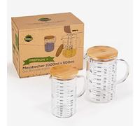 TreeBox Juego de 2 vasos medidores de cristal con boquilla, vaso medidor de 1 l y 0,5 l, resistente al calor, apto para lavavajillas y microondas, diferentes unidades de medida, perfecto para hornear
