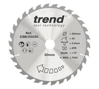 Trend CraftPro Hoja de sierra circular Rip TCT para sierras de mesa, 250 mm x 30 dientes x 30 mm de diámetro interior, punta de carburo de tungsteno, CSB/25030