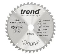 Trend CraftPro Hoja de sierra circular TCT de corte transversal con gancho negativo, 250 mm de diámetro x 42 dientes x 30 mm de diámetro interior, CSB/CC25042