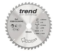 Trend CraftPro Hoja de sierra circular TCT de corte transversal con gancho negativo, 260 mm de diámetro x 42 dientes x 30 mm de diámetro interior, punta de carburo de tungsteno, CSB/CC26042