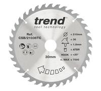 Trend CraftPro Hoja de sierra circular TCT para corte fino, 210 mm de diámetro x 36 dientes x 30 mm de diámetro interior, punta de carburo de tungsteno, CSB/21036TC