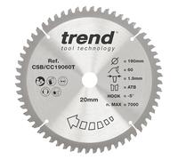 Trend CraftPro Hoja de sierra TCT de corte transversal con gancho negativo, 190 mm de diámetro x 60 dientes x 20 mm de diámetro interior, punta de carburo de tungsteno, CSB/CC19060T
