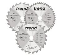 Trend Disco Sierra Ingletadora TCT 250x30mm, 24/48T, 3 pzas | 3 lamas TCT para madera: acabado grueso a medio, +7° gancho, corte 2,2 mm, 24/48T (CSB/CC250/3/A)