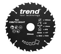 Trend Hoja de Sierra Circular Inalámbrica para Madera, 190mm de Diámetro, 30mm de Orificio, 24 Dientes, metal duro (TCT), 1.8mm de Corte, +15° de Ángulo, CSB/TC19024T