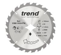 Trend Hoja de Sierra Circular Inalámbrica para Madera ATBR, Diámetro 190mm, Orificio Diamante, 24 Dientes, Corte 1.6mm, Gancho +25°, metal duro (TCT), Acabado Medio, CSB/19024TW