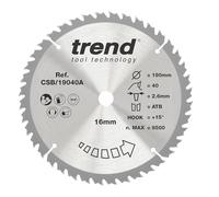 Trend Hoja de Sierra Circular para Madera, Diámetro 190 mm, Orificio 16 mm, 40 Dientes, Corte 2,6 mm, Gancho +15°, Metal Duro (TCT), Acabado Fino, CSB/19040A