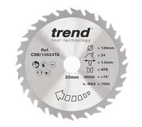 Trend Hoja sierra circular TCT 136 mm 24T para madera inalámbrica, 20 mm