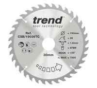 Trend Wood Cordless ATBR Hoja de Sierra Circular, 190mm de Diámetro, 30mm de Orificio, 36 Dientes, 1.6mm de Corte, +25° de Ángulo, metal duro (TCT), Acabado Fino, CSB/19036TC