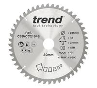 Trend Hoja sierra inglete 216mm 48T TCT 30mm acabado fino -5° | Corte limpio en madera: hoja inglete TCT 48T, 2,6 mm de corte y gancho -5°, CSB/CC21648