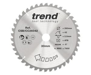 Trend Hoja sierra inglete 260 mm 42 dientes TCT 30 mm acabado medio | Corte transversal limpio en madera: 42 dientes TCT, gancho -5°, corte 2,6 mm y acabado medio, CSB/CC26042