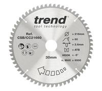 Trend CraftPro Hoja de sierra circular TCT de corte transversal con gancho negativo, 216 mm de diámetro x 60 dientes x 30 mm de diámetro interior, punta de carburo de tungsteno, CSB/CC21660