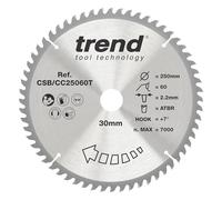 Trend Wood Cordless ATBR Hoja de sierra ingletadora, 250mm de diámetro, 30mm de orificio, 60 dientes, 2.2mm de ancho de corte, gancho de +7°, metal duro (TCT), acabado fino, CSB/CC25060T