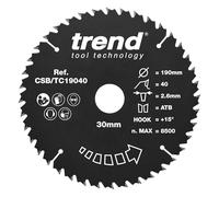 Trend Wood PTFE Hoja de Sierra Circular, 190mm de Diámetro, 30mm de Orificio, 40 Dientes, metal duro (TCT), 2.6mm de Corte, +15° de Ángulo, CSB/TC19040