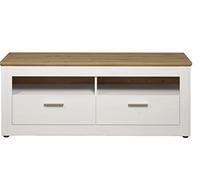 trendteam smart living - Shade - Mueble para TV - Blanco/Roble - Base de TV con 2 cajones y 2 Compartimentos Abiertos - 148 x 59 x 45 cm - Tiradores Plateados