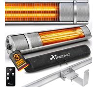 TRESKO Calefactor por Infrarrojos de Pared Plateado | 2000W + Control Remoto | Estufa Radiante con 3 Temperaturas | Radiador Eléctrico para Exterior e Interior | Calentador de Cuarzo