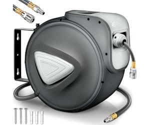TRESKO Carrete de Manguera de Aire Comprimido de 30 m | Conector de 1/4" | Enrollador de Manguera Automático | con Soporte para Pared | Rotación de 180° | Tope Final Ajustable
