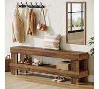 Tribesigns Banco de madera maciza de 150 cm, zapatero de 2 niveles con estante, estilo rústico, banco largo para entrada, dormitorio, salón, marrón rústico