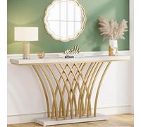 Tribesigns Mesa consola dorada, 150 x 29,5 x 80 cm, moderna mesa de entrada con base metálica en forma de rejilla para entrada, pasillo, vestíbulo, sala de estar (blanco y dorado)