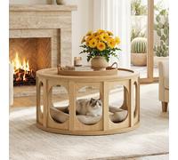 Tribesigns Mesa de centro 2 en 1 con diseño de gato con cueva, mesa redonda de salón con espacio de almacenamiento y zona de juegos para gatos, 80 cm, aspecto de roble, fácil montaje