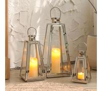 TRIROCKS Set de 3 Faroles de Acero Inoxidable 54, 40 y 27.5 cm Altos, Soportes de Vela con Vidrio Templado, Ideal para Decoración de Sala, Mesa, Interior y Exterior (Plata)