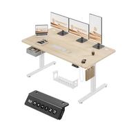 TRIUMPHKEY Mesa Escritorio Elevable Eléctrica 160x80cm, Escritorio Elevable con Cajón de Tela Plegable, Mesa Elevable Escritorio de Doble Travesaño y Panel de Control con USB para Carga,Beige