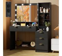 TRIUMPHKEY Tocador de Maquillaje Grande con Luces LED Regulables y Enchufes, Mesa de Maquillaje con Espejo, Vanity de Maquillaje con 5 Cajones, Ganchos para Joyas, Múltiples Estantes Abiertos (Negro)