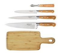 TROMPETTE Essentiel - Juego de cuchillos de cocina con tabla de cortar, acero 5Cr15MoV, acabado satinado, - 38,5 x 16 cm, madera clara