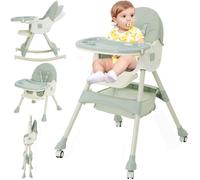 Trona Bebé Evolutiva 3 en 1,Plegable,Reclinable,Doble Bandeja Desmontable,con Ruedas Universales,3 Respaldos Ajustables y Cinturón de Seguridad de 5 Puntos,Para Bebés a partir de 6 Meses,Verde