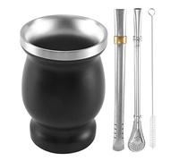 Tskcvy Juego de Tazas de Té Calabaza de Yerba Mate de Acero Inoxidable de Doble Pared, de Agua para Café con 2 Bombillas, Pajitas, Cuchara y Cepillo de Limpieza, 8 Onzas, Negro