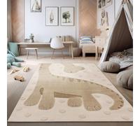 TT Home Alfombra habitación Infantil Alfombra Juego Efecto Alto-bajo Motivo Dino Estructura Bucle Suave Tonos Naturales Fácil, Tamaño:160x220 cm