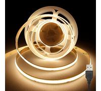 TTWAY Tira LED COB USB 2M, 5V Tira LED 3000K con 320LEDs/M, CRI 90+, 8 mm de ancho, Tira de luces Blanco Calido para retroiluminacion de TV, Espejo, Gabinete, Armario, Escalera