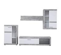 TUCO - Mueble TV salón Comedor Moderno Modular con librería, Color Cemento y Lacado Blanco Brillante. Medidas: ~266.5 cm (Ancho) x 41,5 cm (Largo) x ~186 cm (Alto)