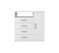 TUHOME Cómoda Perú de 4 cajones, gabinete de una sola puerta, un estante abierto, parte superior superior White